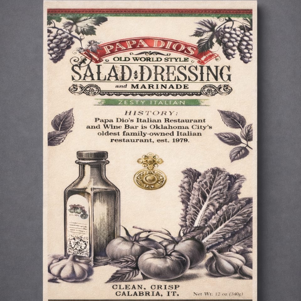 Papa Dio’s salad dressing and marinade packaging.