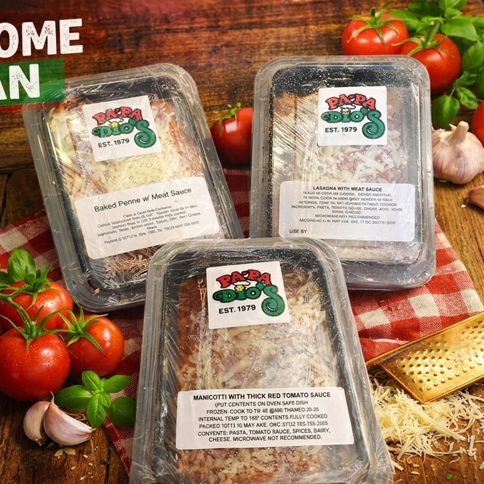 Papa Geo’s take-home Italian meals, including baked penne, lasagna, and manicotti, surrounded by tomatoes, basil, garlic, and grated cheese.