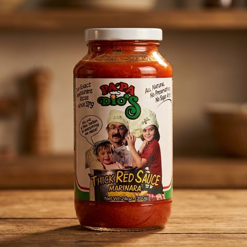 Jar of Pa-Pa Dio’s thick red marinara sauce on a wooden kitchen counter.