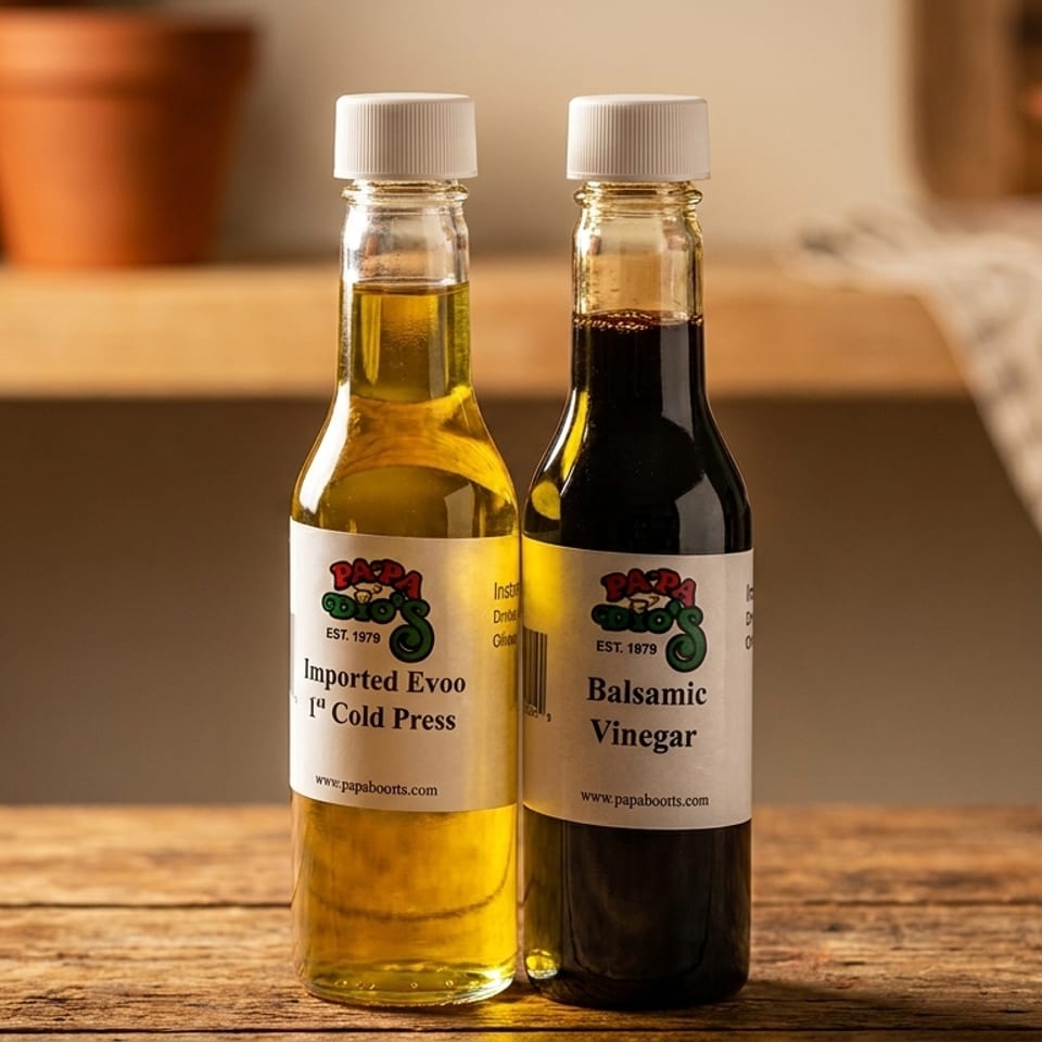 Two Papa Boorts bottles of imported extra virgin olive oil and balsamic vinegar on a rustic wooden table.